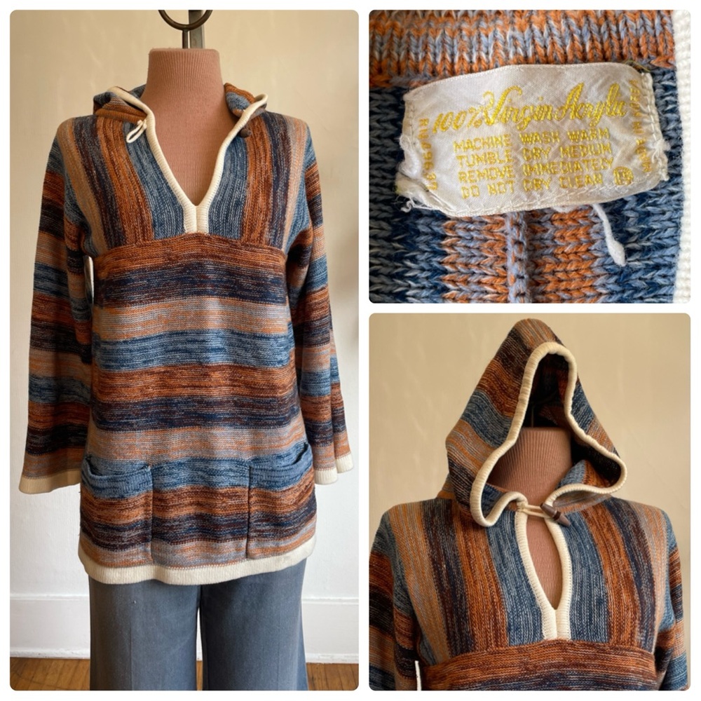 Vintage 60s Hooded Knit Baja Surf Hippie Pullover Poncho Sweater